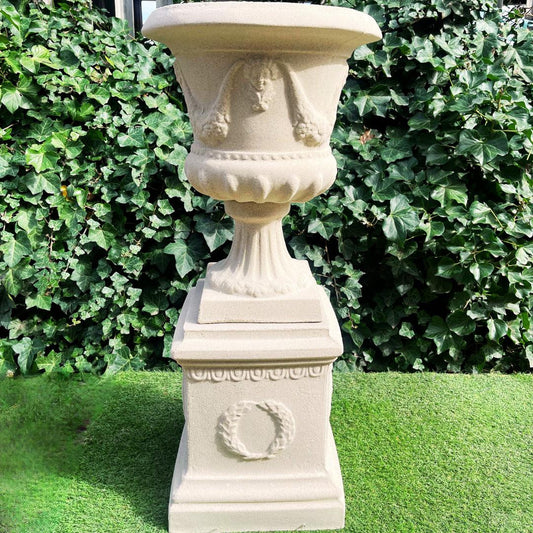 Large Sandstone Fluted Urn and Column with Laurel Wreaths