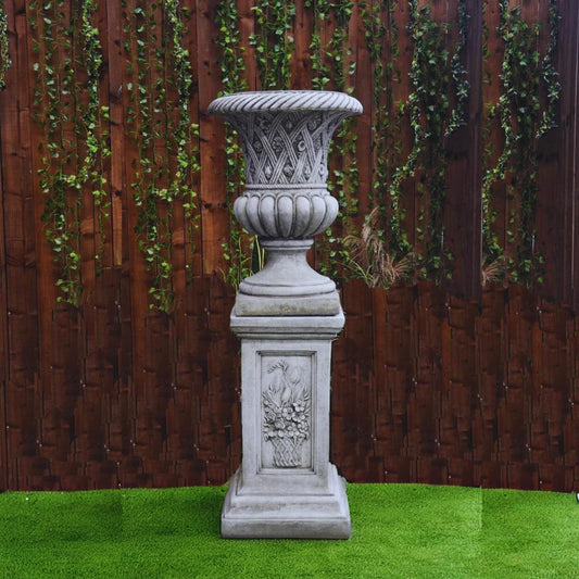 Large Stone Cast Garden Vase and Plinth with Flower Design