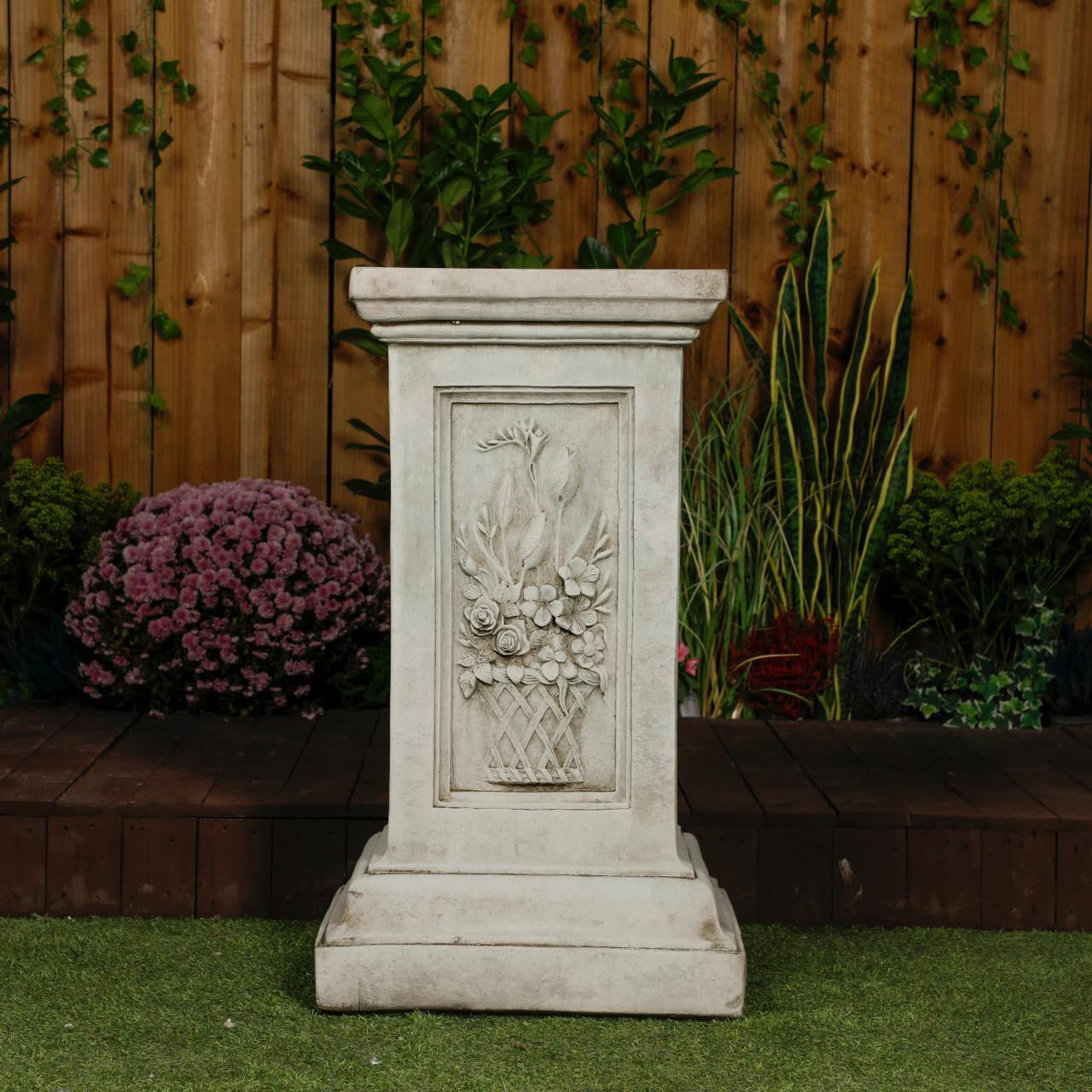 Large Stone Cast Garden Vase and Plinth with Flower Design 