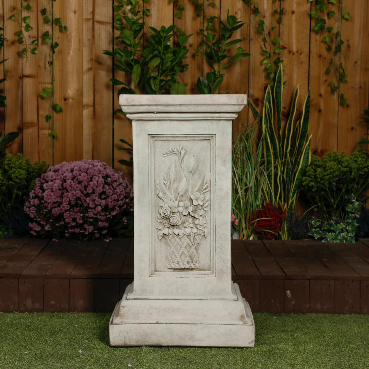 Large Stone Cast Garden Vase and Plinth with Flower Design 