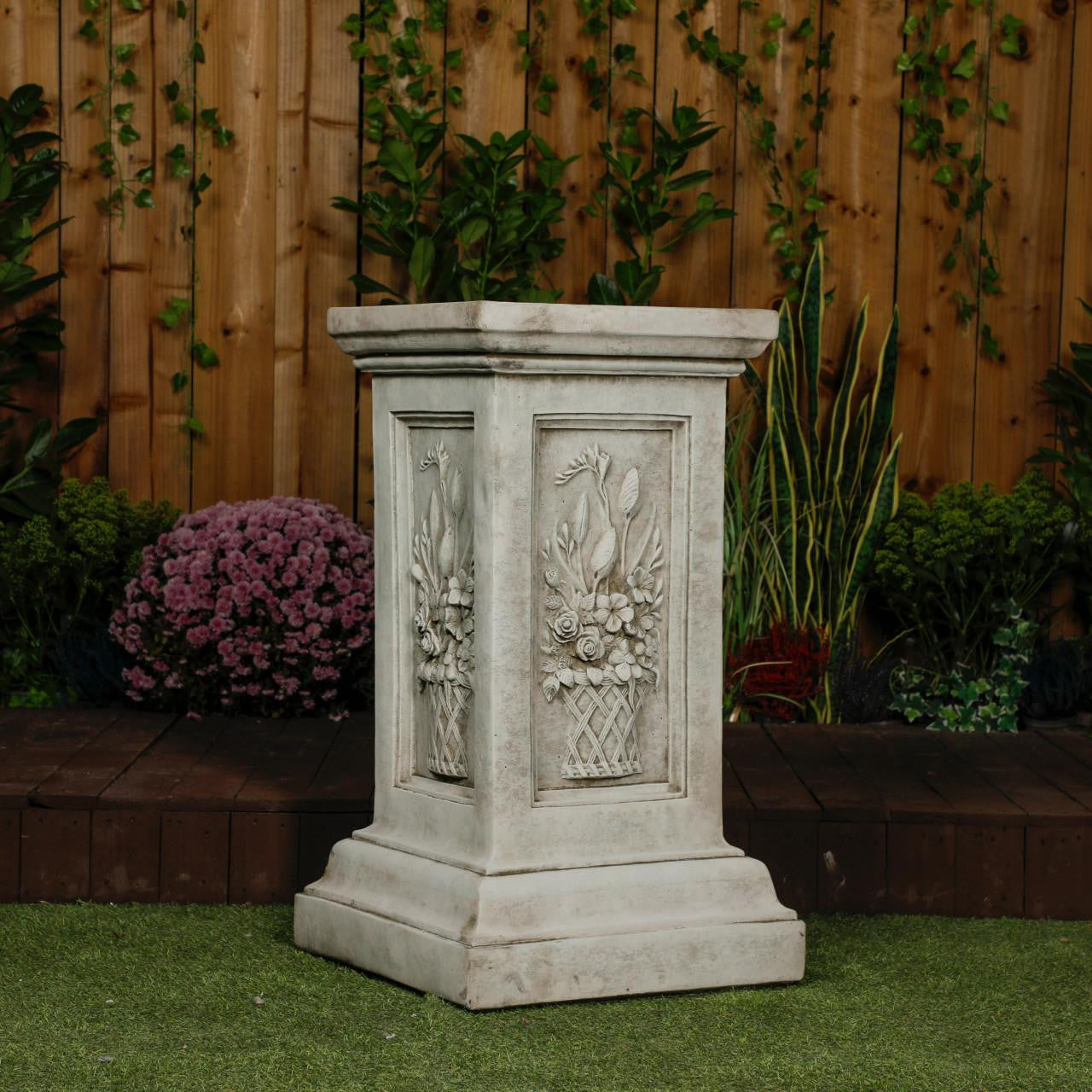 Large Stone Cast Garden Vase and Plinth with Flower Design 