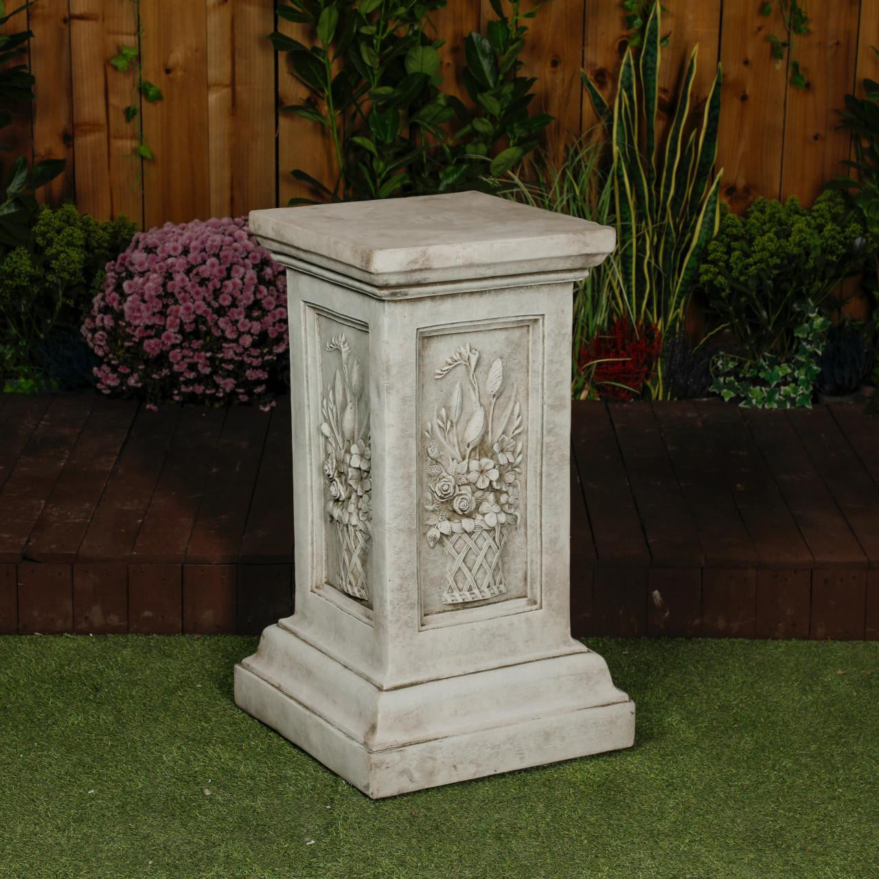 Large Stone Cast Garden Vase and Plinth with Flower Design 