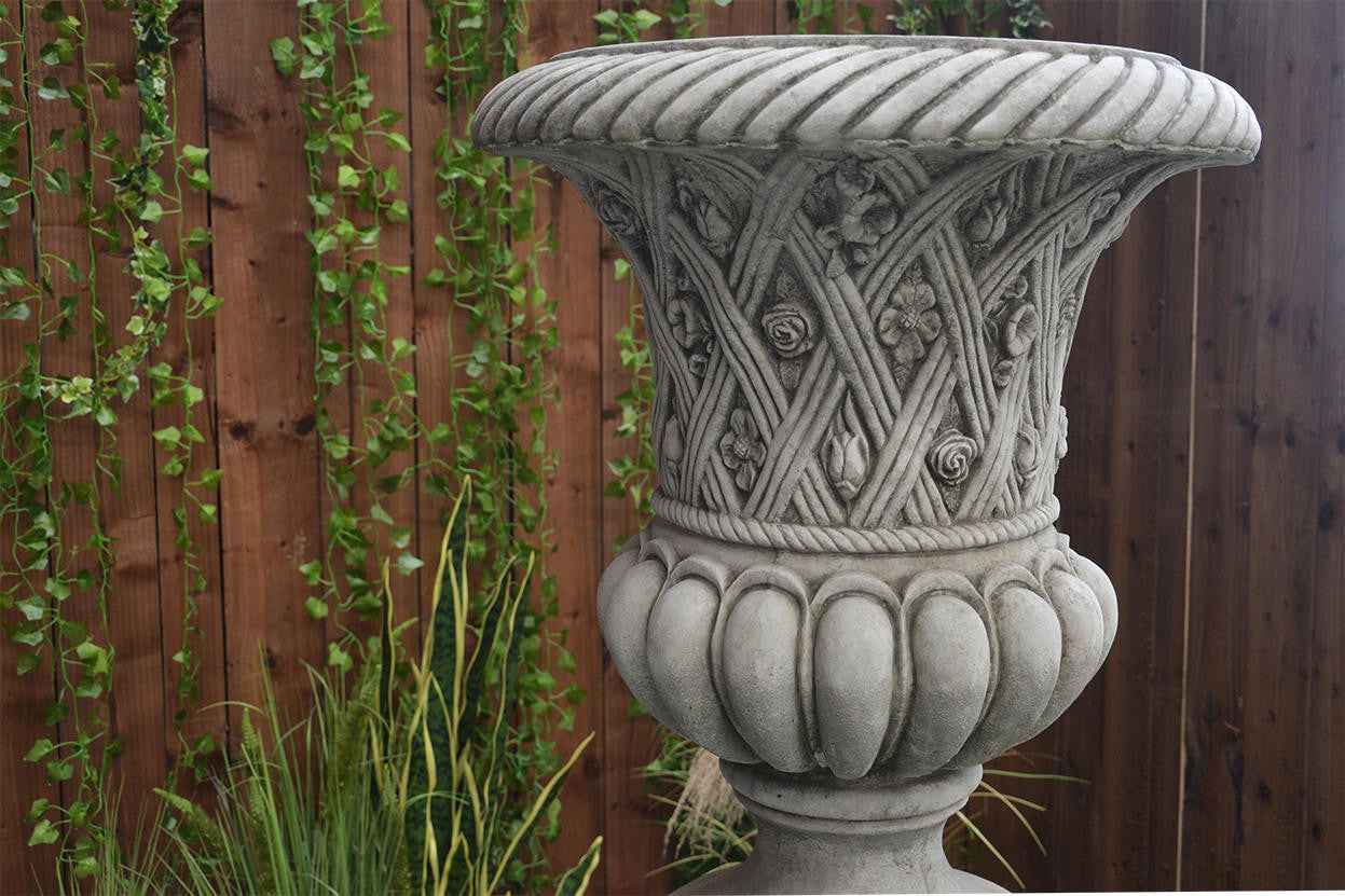 Large Stone Cast Garden Vase and Plinth with Flower Design