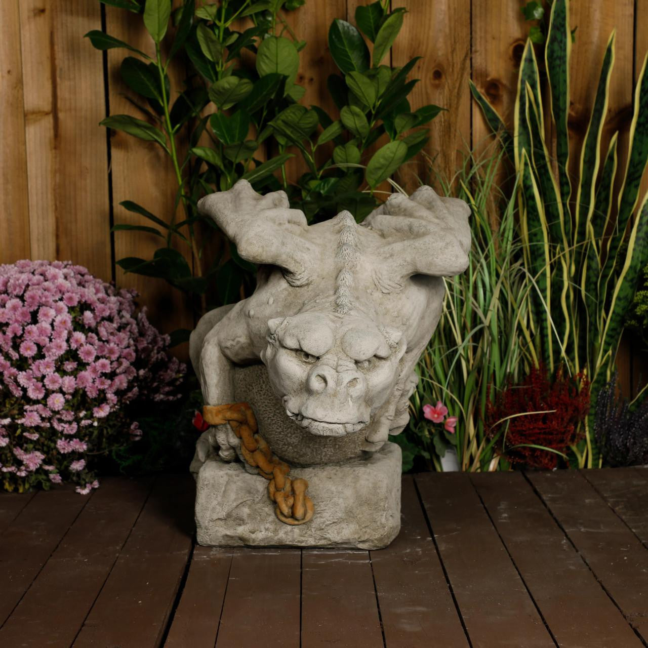 Large Stone Cast Gargoyle on Ball Garden Statue 