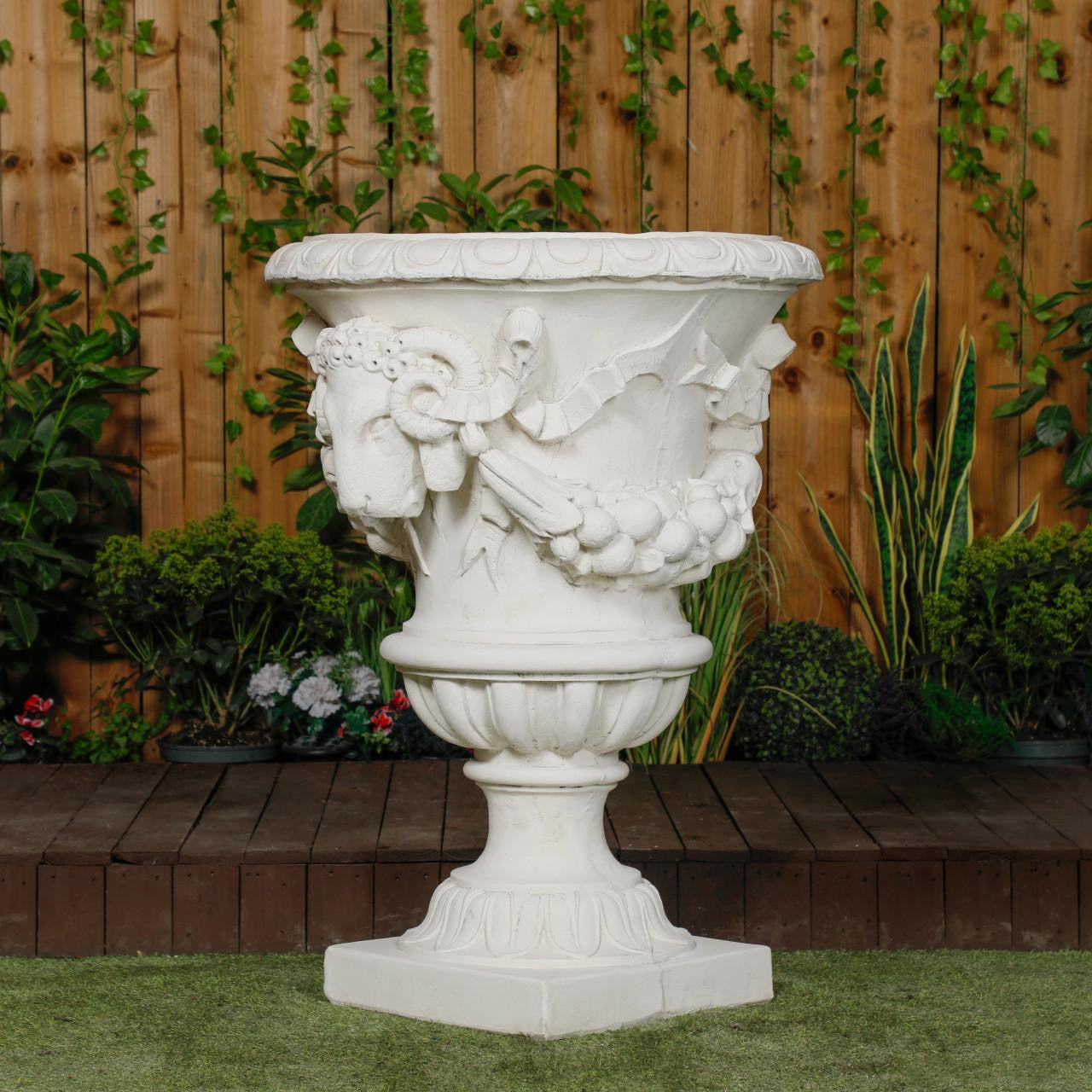 Large White Stone Cast Swag Urn Vase 