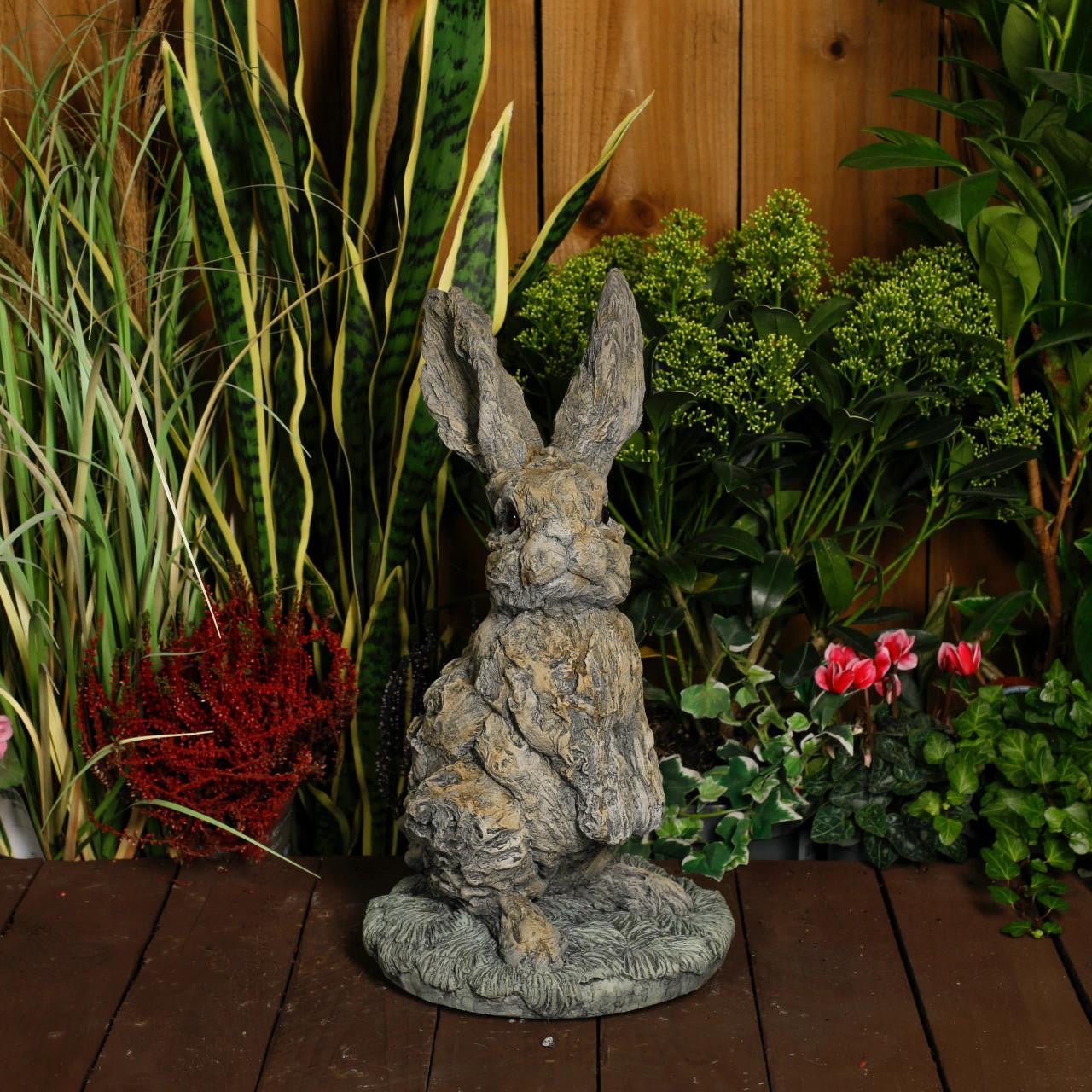 Oak Hare Statue Rustic Stone Cast Garden Ornament
