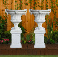 Pair of Extra Large Ring Handle Classic Garden Vases on Plinths