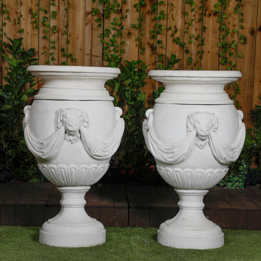 Pair of Extremely Large Draped Lion Head Garden Urns 