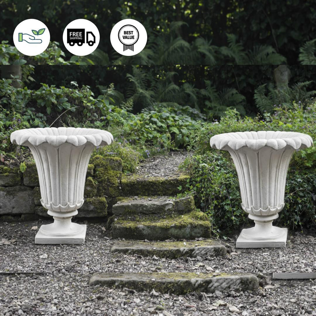PAIR of GIANT Classic Ancient Greek Style Fluted Vases in White Stone Cast Pots