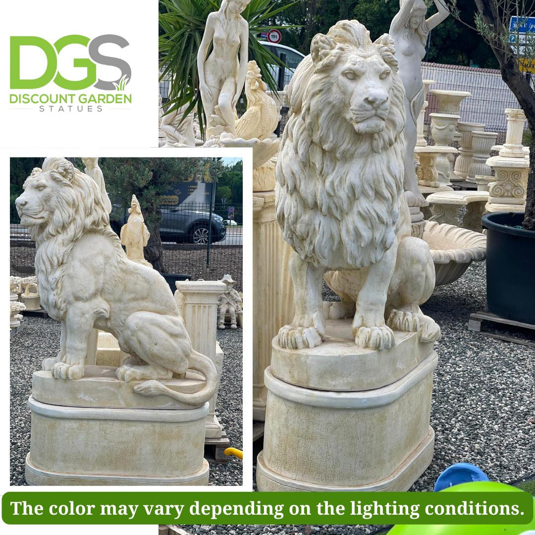 Pair of Giant Stone Cast Lion statues on Plinths 6 ft high, 1600 kg set!