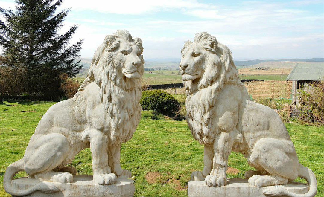 Pair of Giant Stone Cast Lion statues on Plinths 6 ft high, 1600 kg set