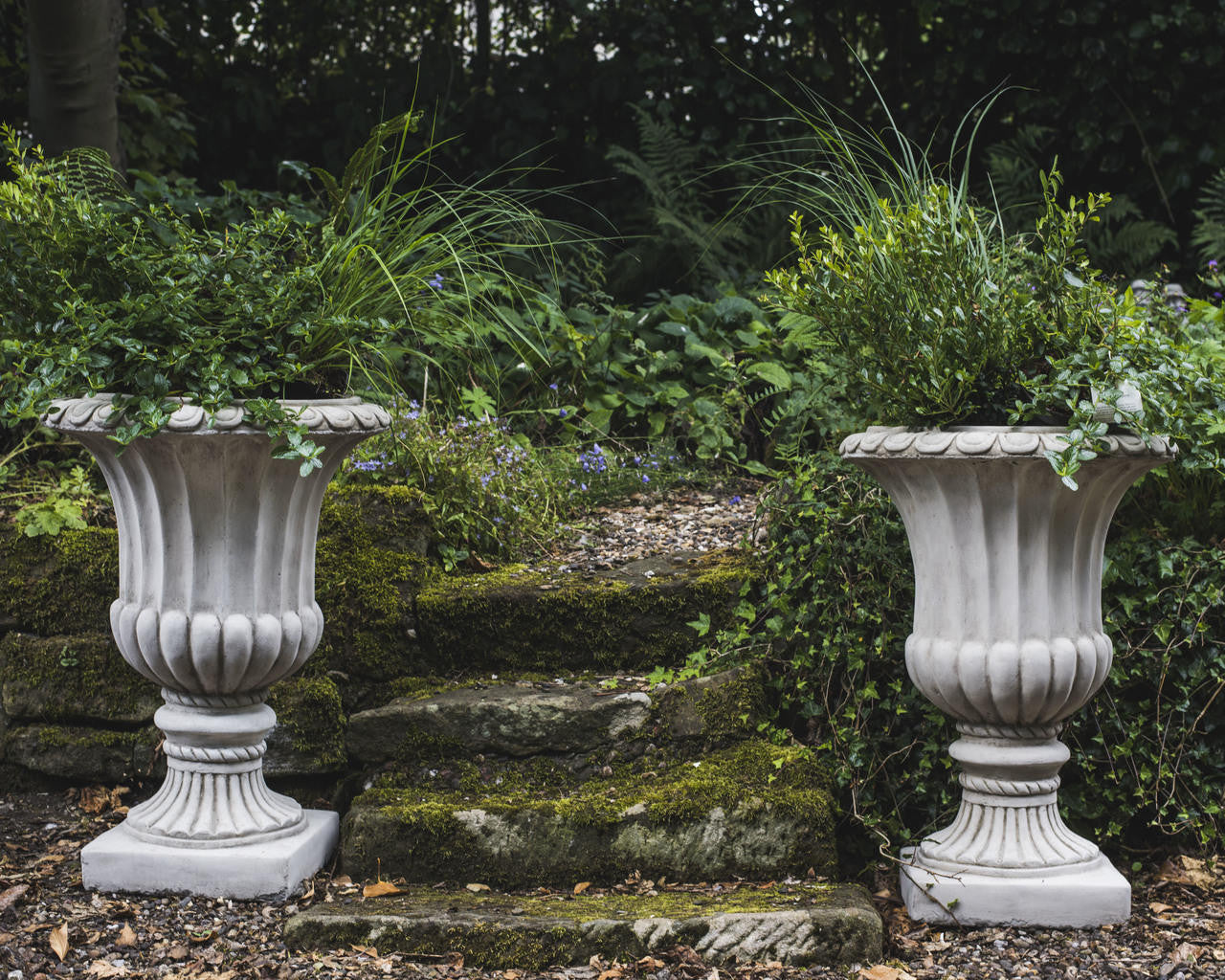 Pair of Large Flute Stone Garden Vases