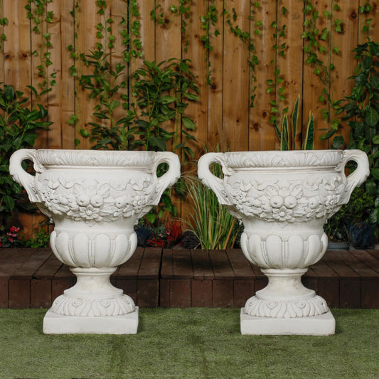 Pair of Large Fruit design White Stone Vases 