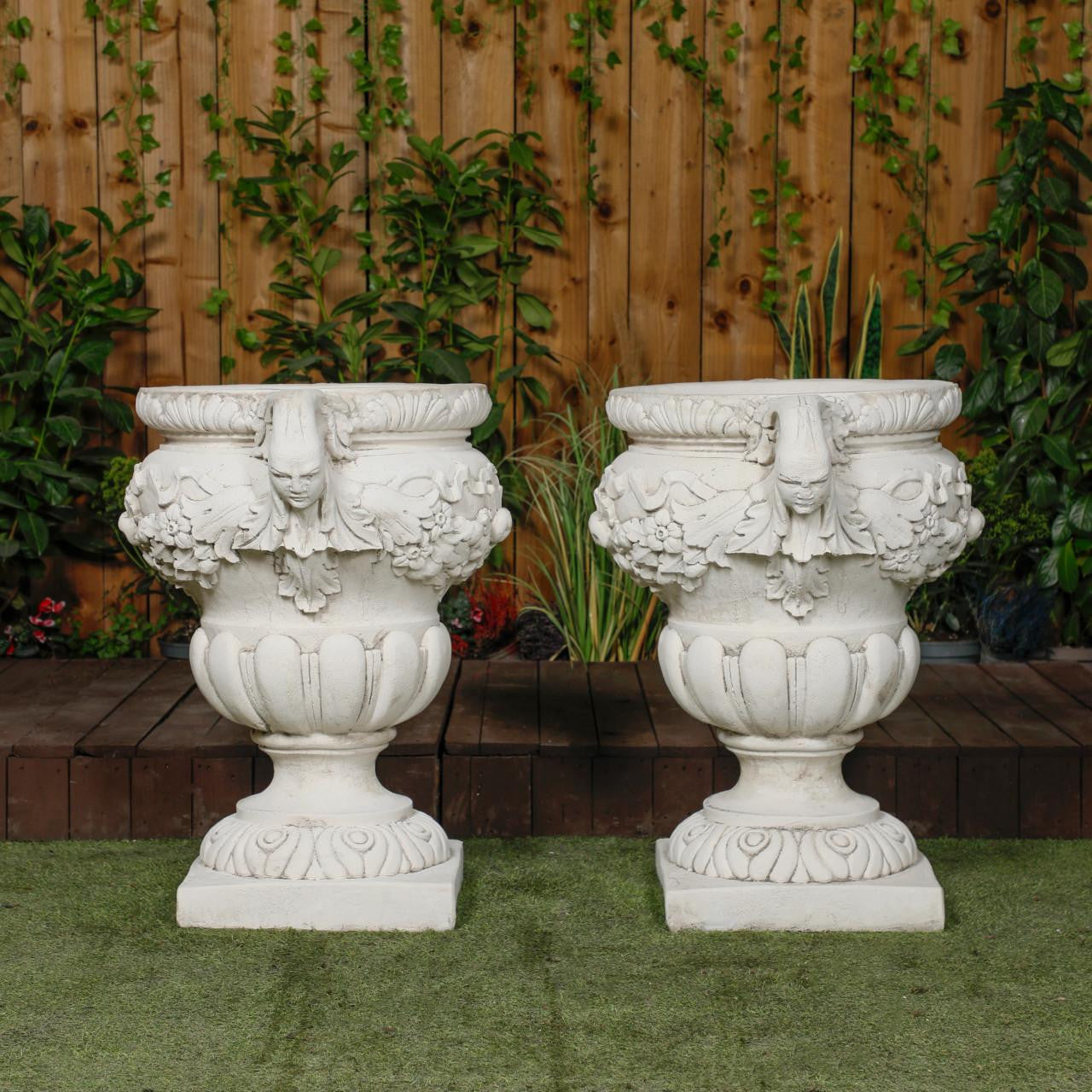 Pair of Large Fruit design White Stone Vases 