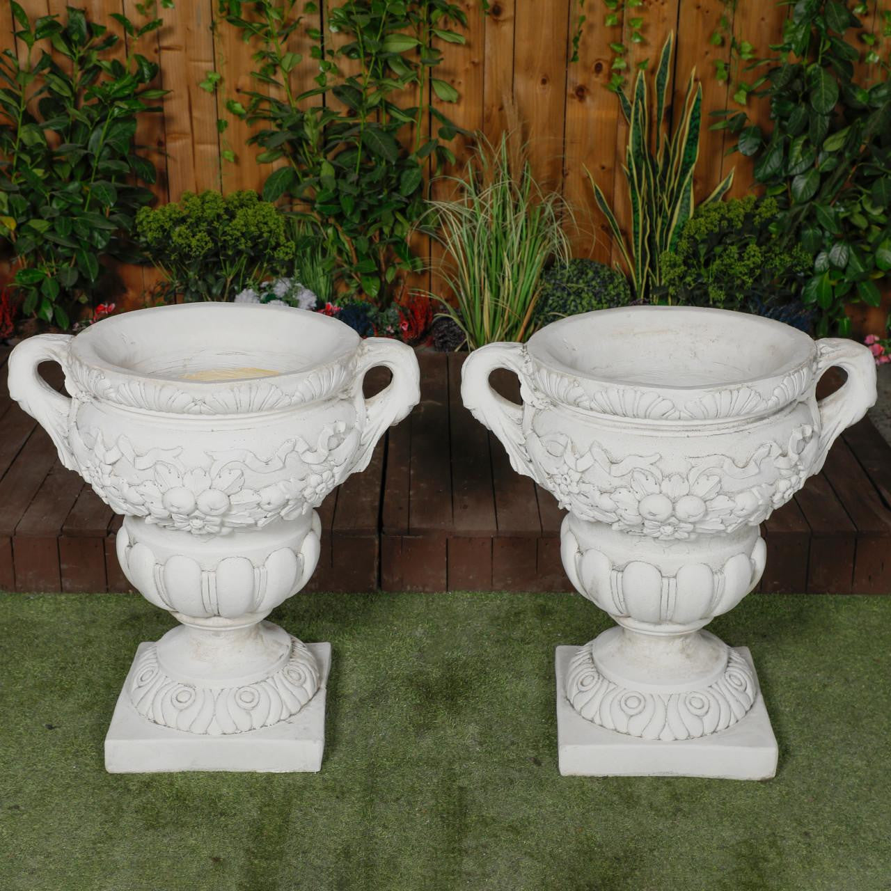 Pair of Large Fruit design White Stone Vases 