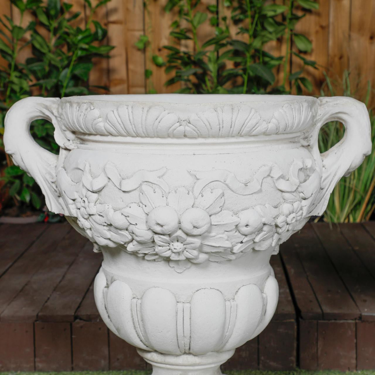 Pair of Large Fruit design White Stone Vases 