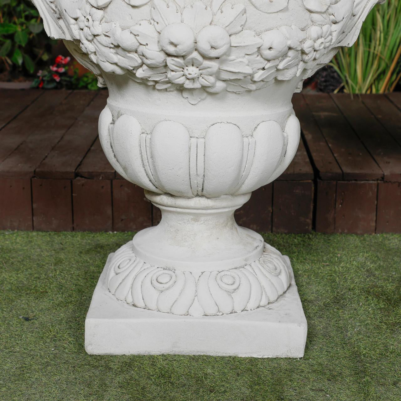 Pair of Large Fruit design White Stone Vases 