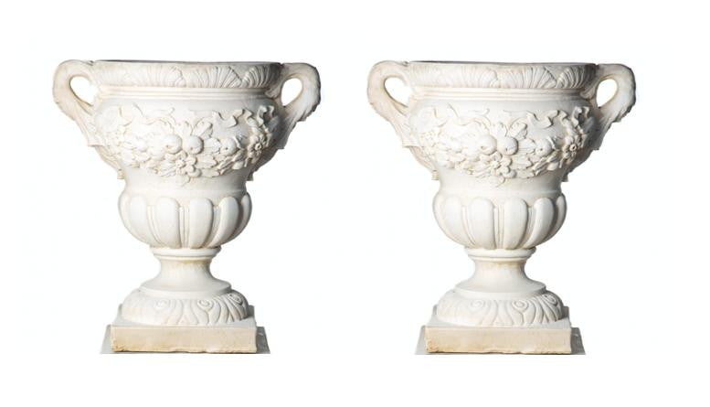 Pair of Large Fruit design White Stone Vases
