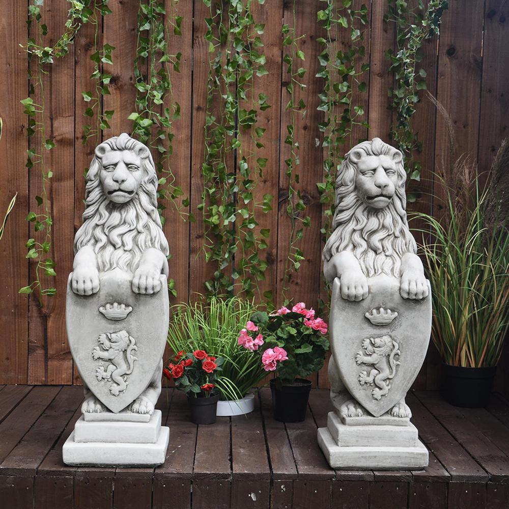 Pair of Large Garden Gateway Lion Statues with shields