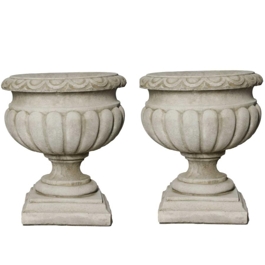 Pair of Large Stonecast Tazza Urns Garden Ornaments