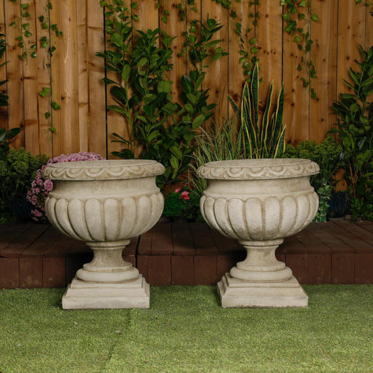 Pair of Large Stonecast Tazza Urns Garden Ornaments