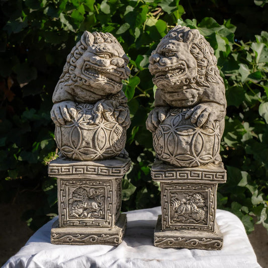 Pair of Medium  Stone Cast Chinese Foo Dogs Garden statues on Plinths
