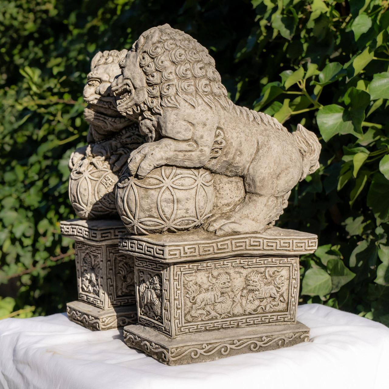 Pair of Medium  Stone Cast Chinese Foo Dogs Garden statues on Plinths