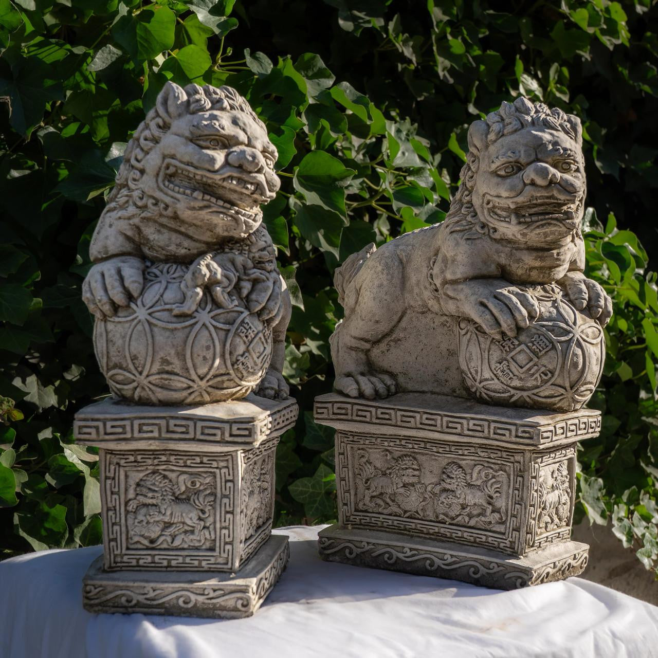 Pair of Medium  Stone Cast Chinese Foo Dogs Garden statues on Plinths