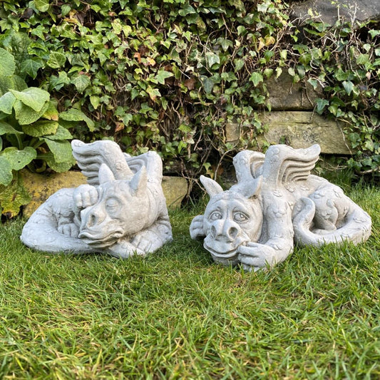 Pair of Small Laying Dragons Sculptures