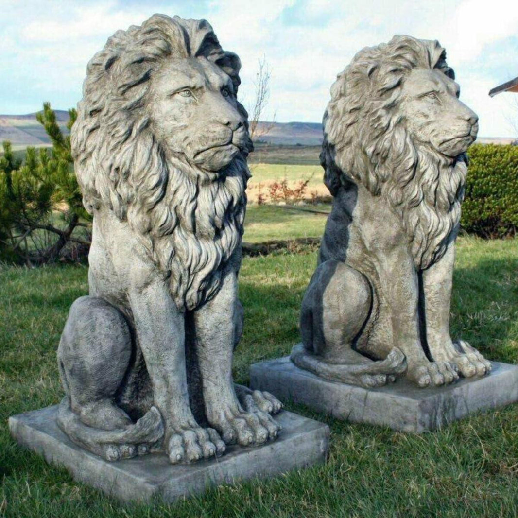 LARGE LION PAIR DETAILED HAND CAST STONE OUTDOOR GARDEN ORNAMENT STATUE STUNNING 50Kg Each