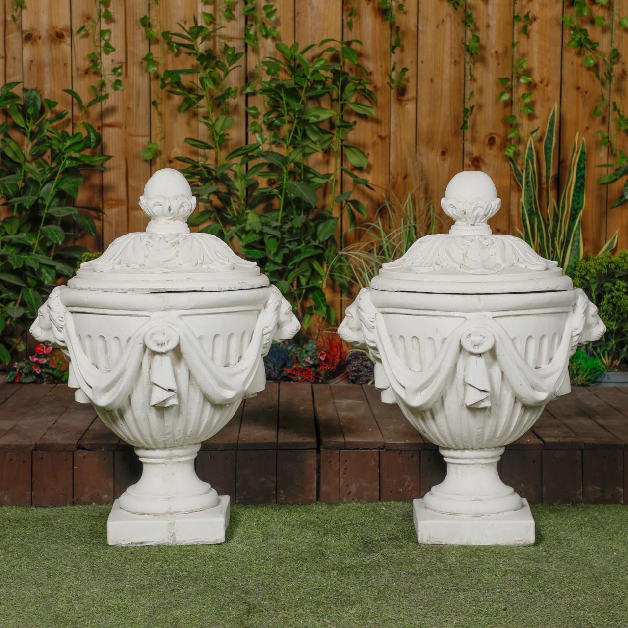 Pair Of Very Large White Stone Cast Lion Head Design Vase Urn 