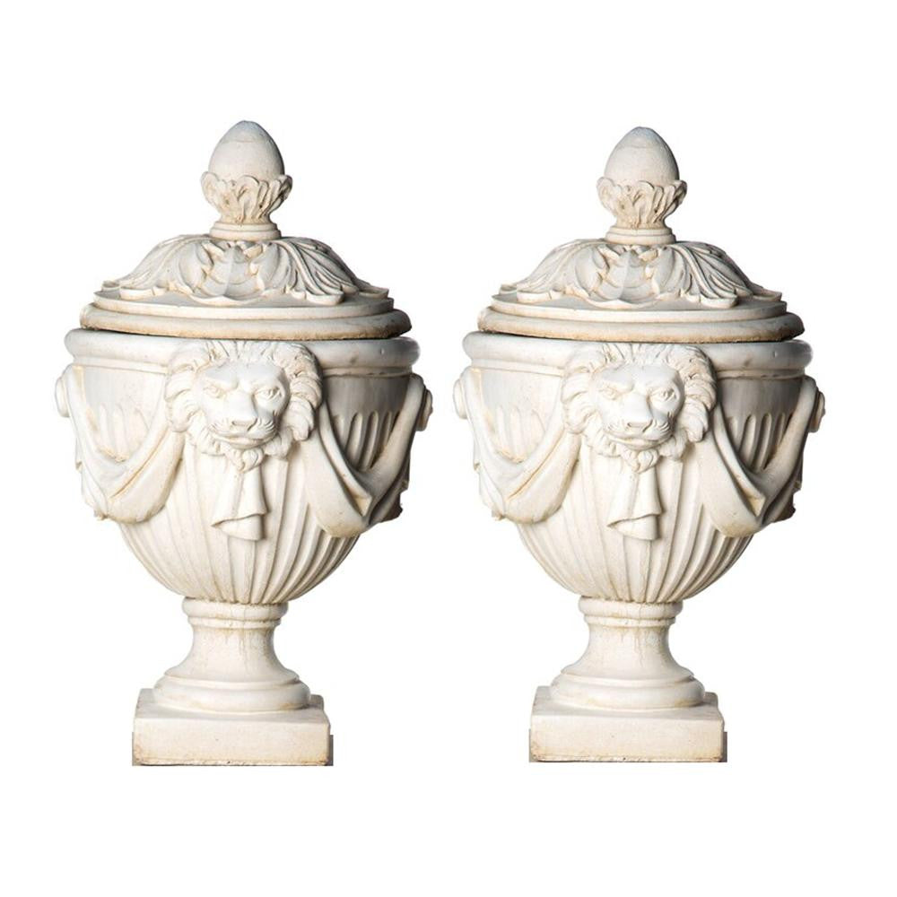 Pair Of Very Large White Stone Cast Lion Head Design Vase Urn
