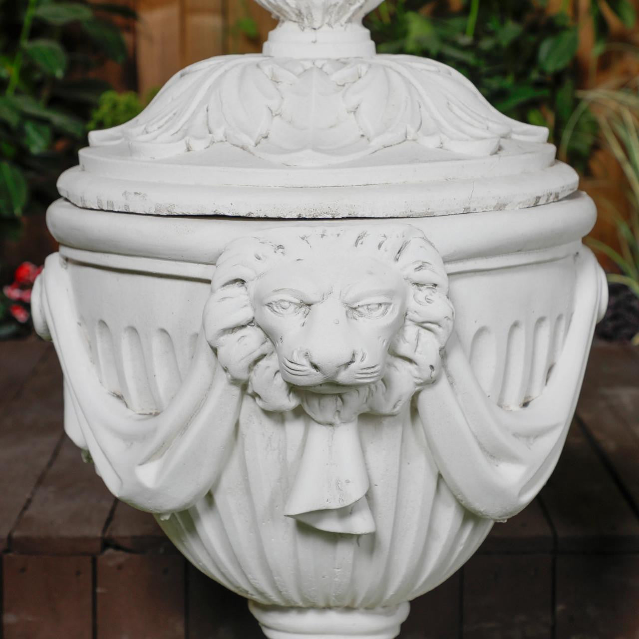 Pair Of Very Large White Stone Cast Lion Head Design Vase Urn 