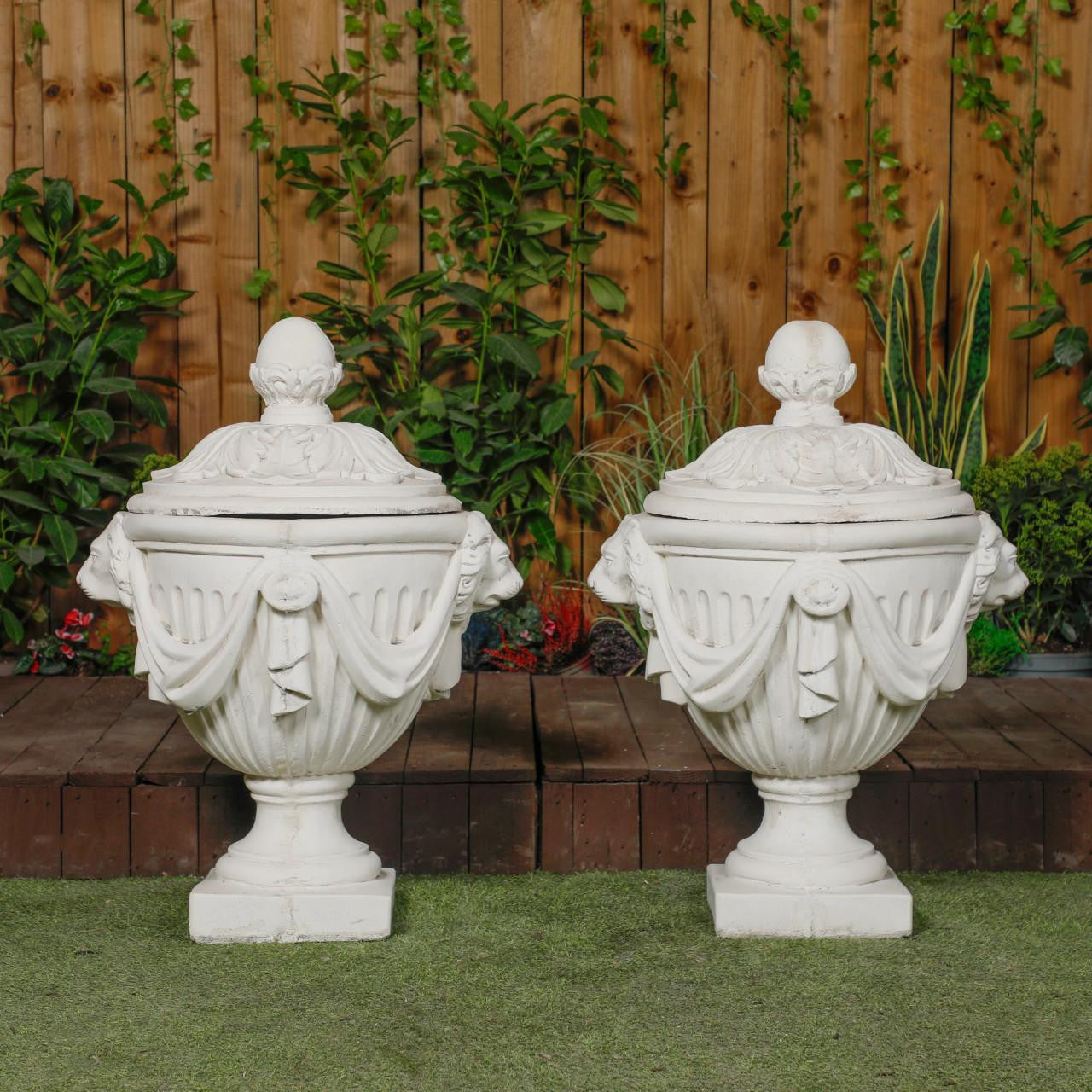 Pair Of Very Large White Stone Cast Lion Head Design Vase Urn 