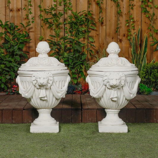 Pair Of Very Large White Stone Cast Lion Head Design Vase Urn 