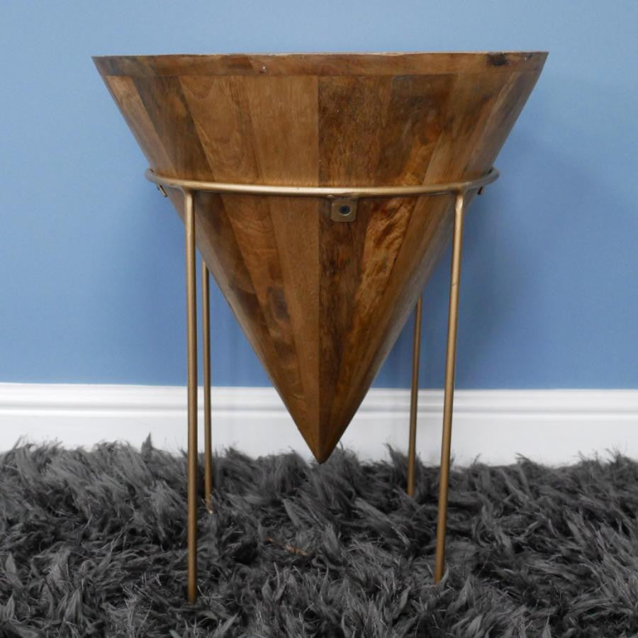 Plant Stand Round  Side Table with Metal Frame and Wooden Top
