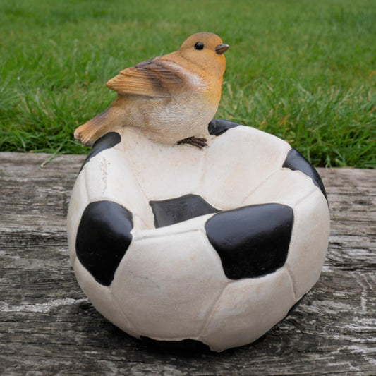 Robin sitting on a ball bird feeder
