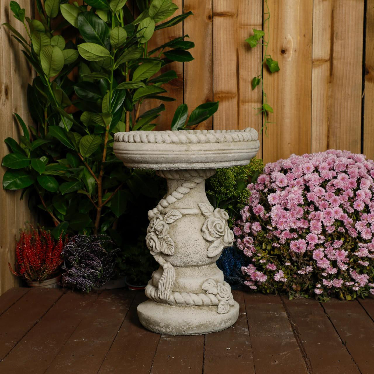 Rose and Rope Design Stone Birdbath 