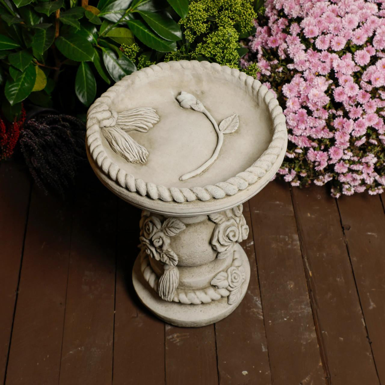 Rose and Rope Design Stone Birdbath 