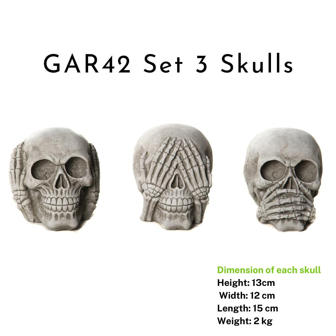 Set of Three Skulls Stone cast Garden Ornament Home Decoration