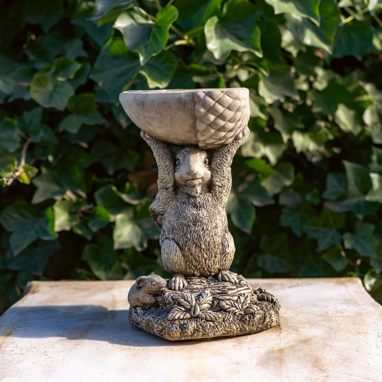 Small Adorable Squirrel And Nut Design Stonecast Bird Bath