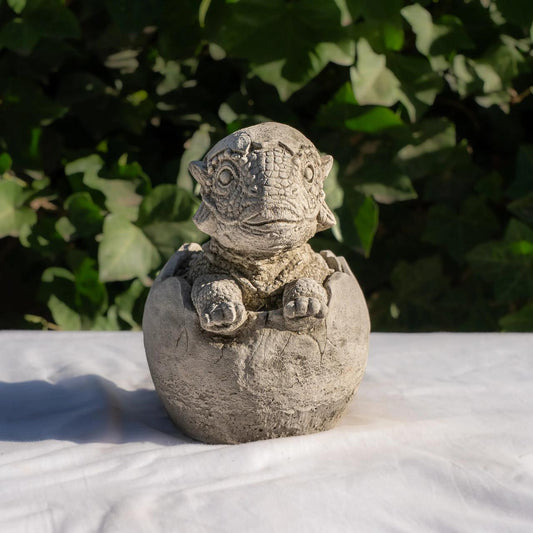 Small Stone Cast  Baby Dino with Eggshell Hat Statue