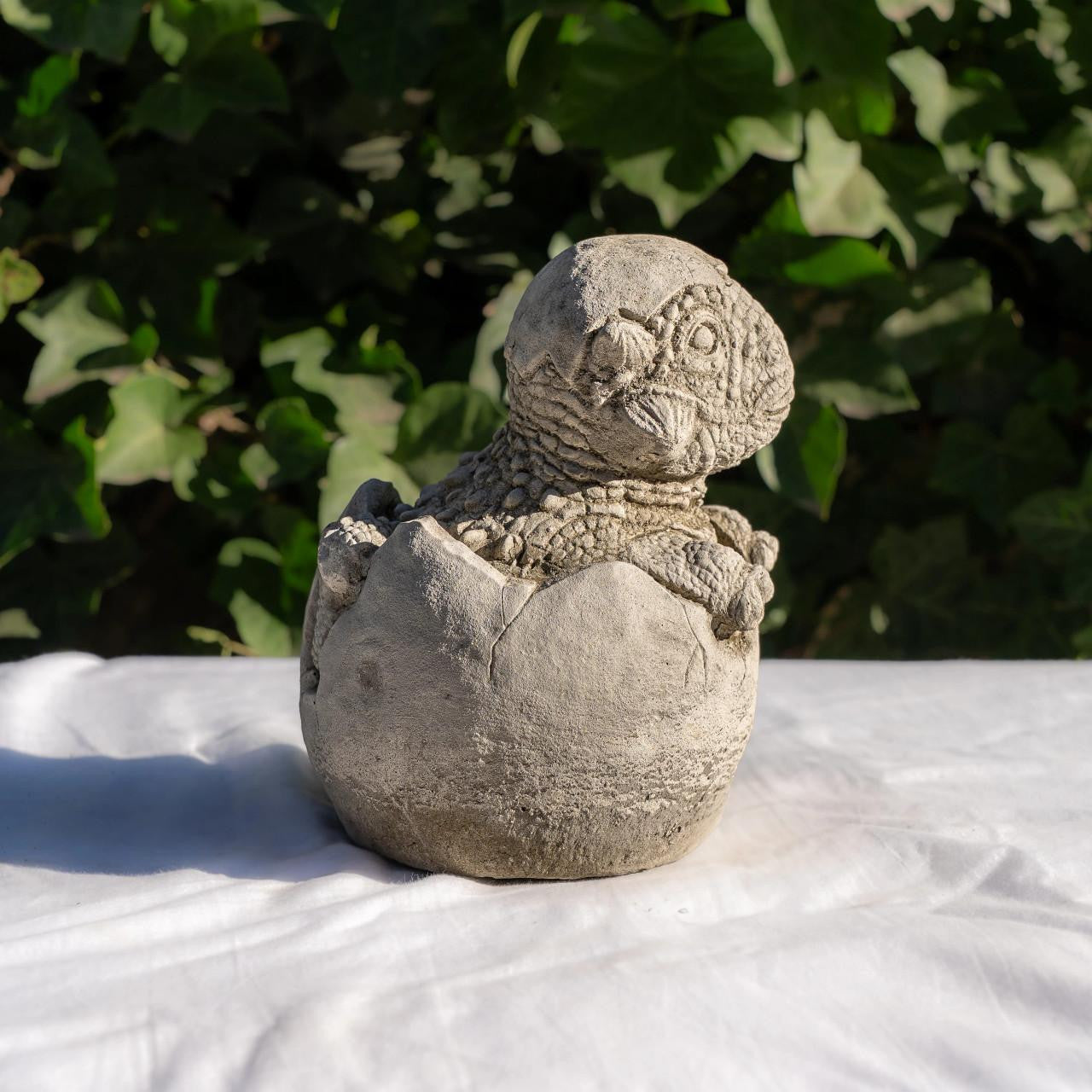 Small Stone Cast  Baby Dino with Eggshell Hat Statue