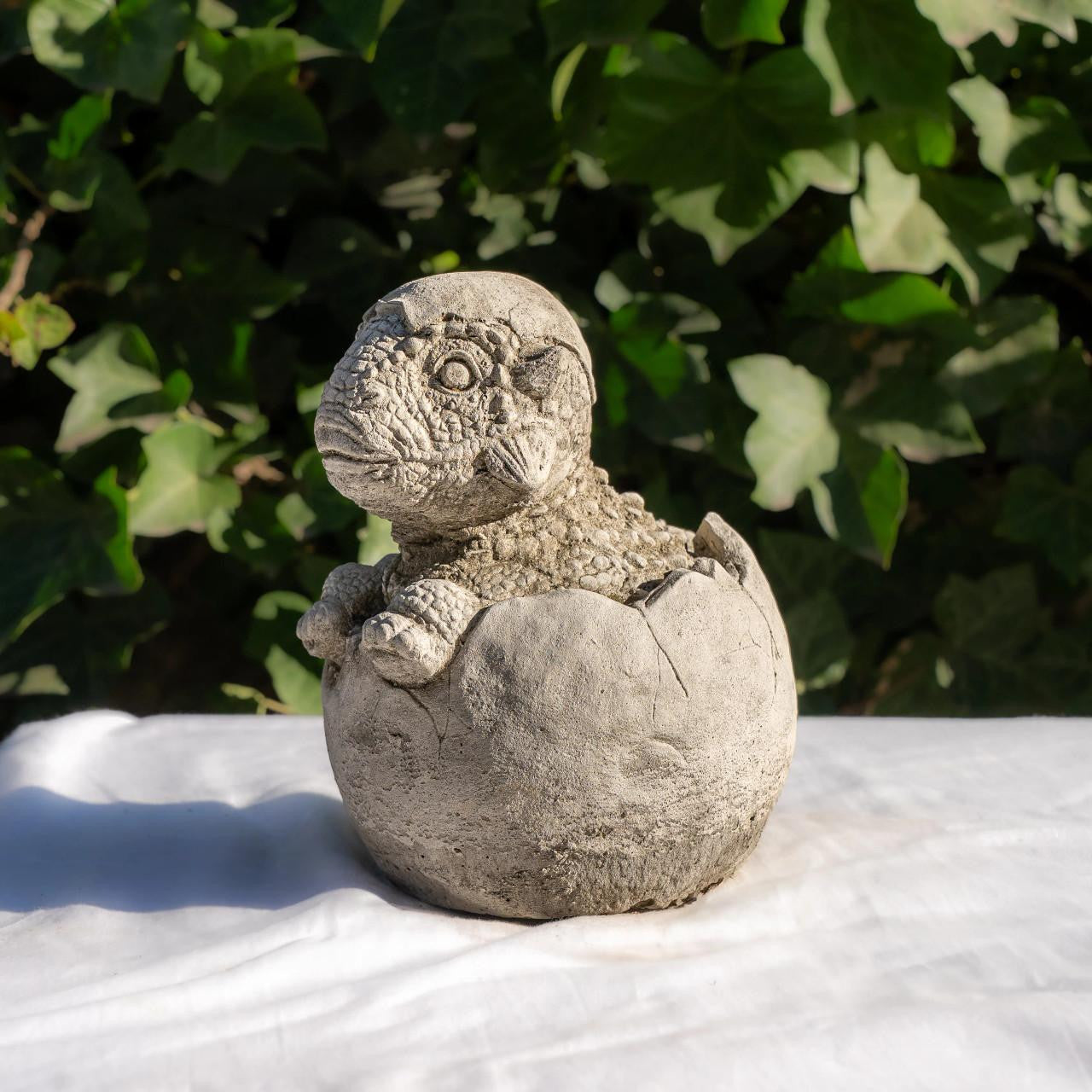 Small Stone Cast  Baby Dino with Eggshell Hat Statue