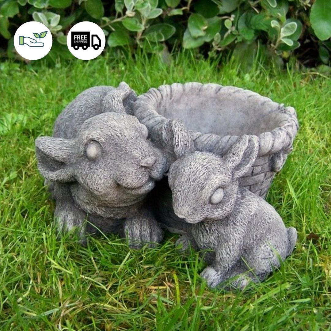 Stone Cast Flower Pot with Rabbits