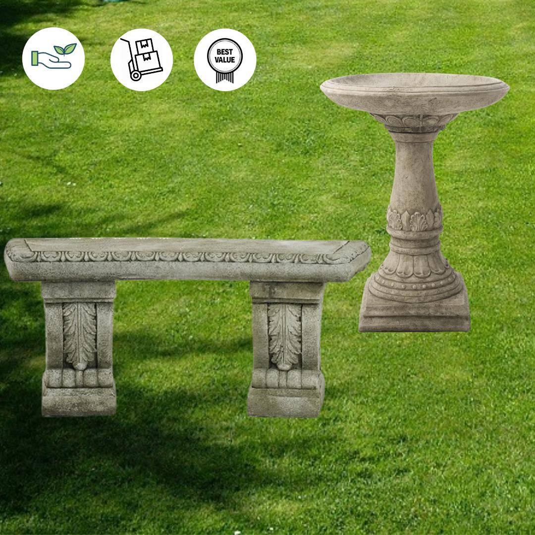 Stone Cast Garden Bench and LaLa Design Birdbath