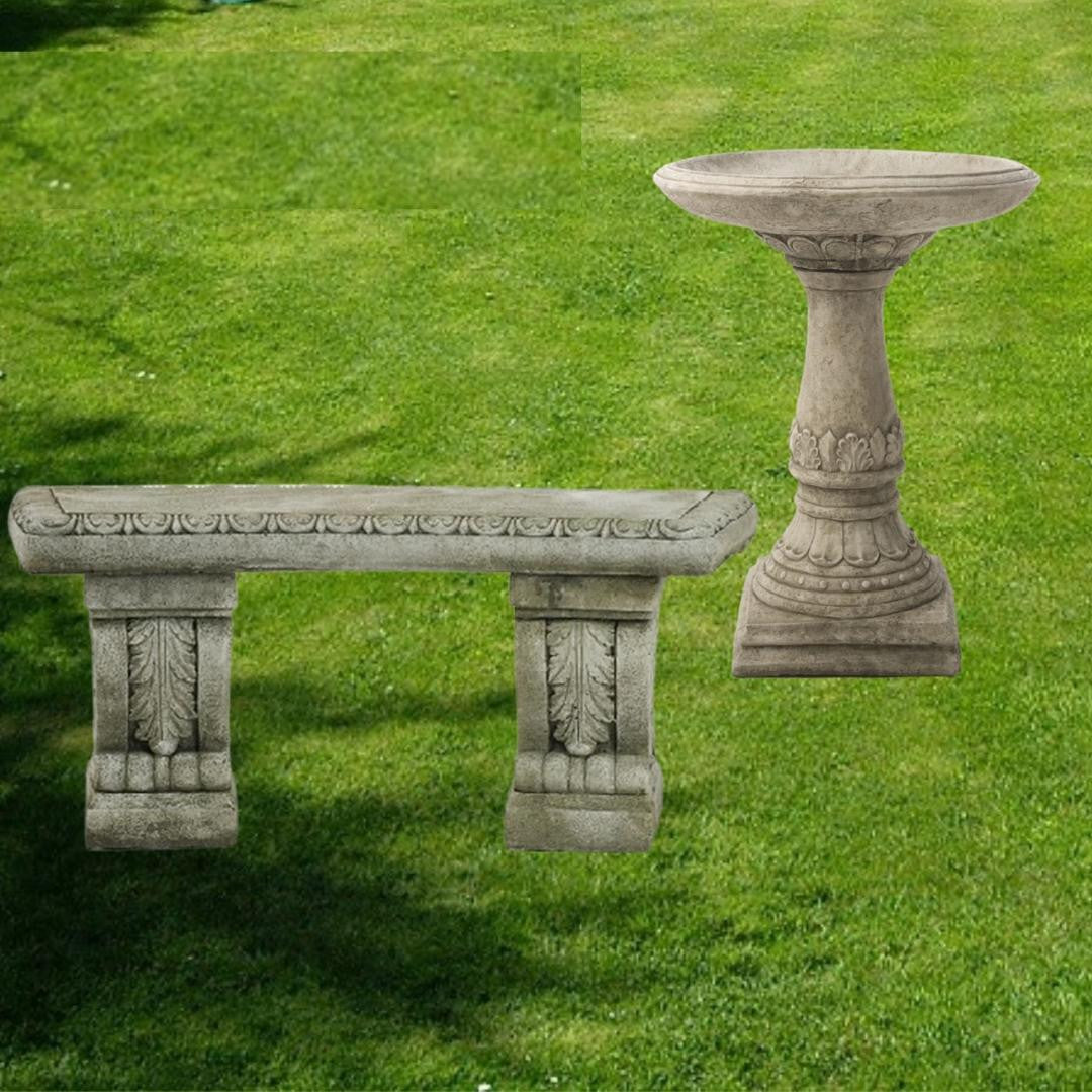 Stone Cast Garden Bench and LaLa Design Birdbath