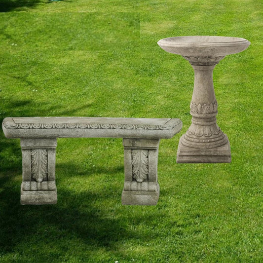 Stone Cast Garden Bench and LaLa Design Birdbath