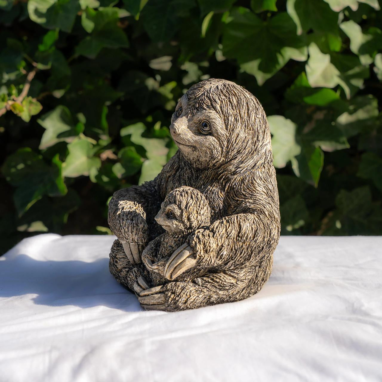 Stone Cast Mom & Baby Sloth Garden Sculpture Animal Statue
