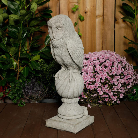 Stone Cast Owl on Post Garden Bird Statues